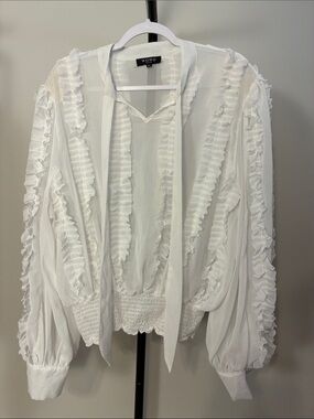 Wowo White Ruffle Tie-Neck Women's Blouse Sheer Top Smock Waist Plus 1XL